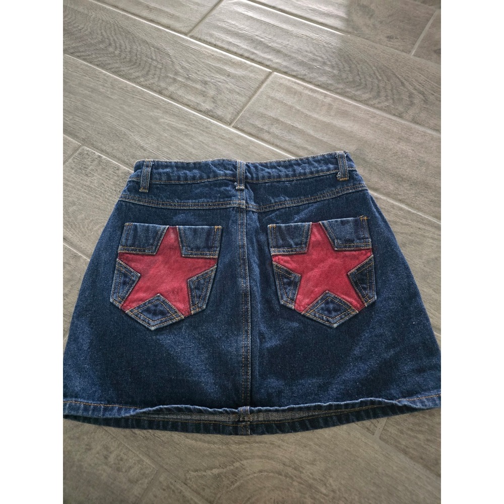Wild Honey Womens Dark Denim Mini Skirt Red Star Pockets Festival Country S/M